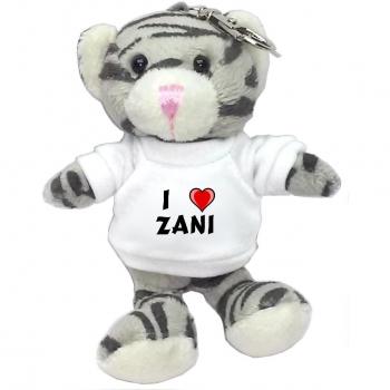 Gato gris de peluche (llavero) con Amo Zani en la camiseta (nombre de pila/apellido/apodo)