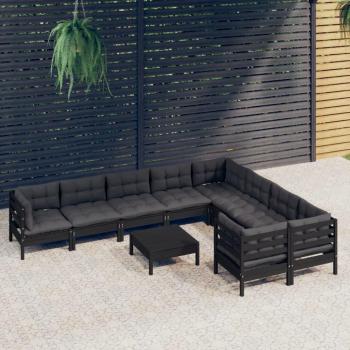 Juego de sofás de jardín 10 piezas con cojines de madera de pino negro