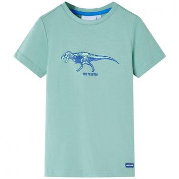Camiseta Infantil de Manga Corta Caqui Claro con Estampado de Mono y Dinosaurio, Talla 128