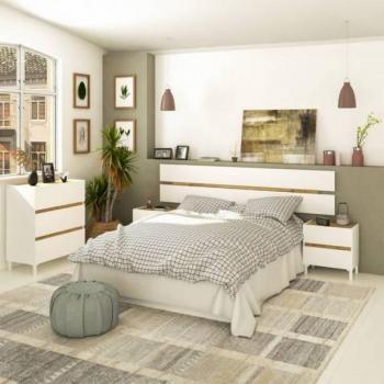 Dormitorio matrimonial de melamina en color blanco y madera clara, incluye cama doble, mesitas de noche y cómoda