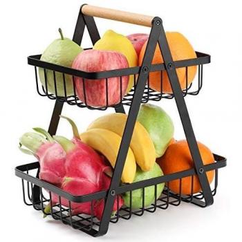 Fruteros, Cesta de Frutas Desmontable de 2 Niveles, Soporte de Frutero de Metal para Almacenar Verduras y Aperitivos, Estante de Almacenamiento de Frutas en la Cocina, Negro