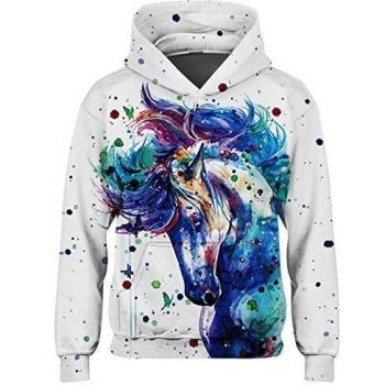 Freshhoodies Niños Sudaderas con Capucha 3D Unicornio Colorida Gráfico Divertido Manga Larga Galaxia Pull-Over Unisexo Suéter Deporte Capucha Blanco 8-10 Años