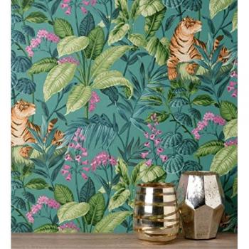 Muestra DIN A4 de Papel Pintado Vinílico con Diseño de Tigres y Hojas Tropicales en Color Turquesa con Textura en Relieve - Machli 681996 de GAULAN