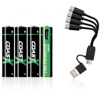 Baterías AAA USB-C de Iones de Litio Coast Zithion-X, 1,5 V, 750 mAh, Carga Rápida en 1,3 Horas, Pack de 4 Unidades