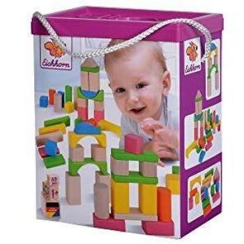 Bloques de Madera Naturales y Coloridos Eichhorn - 60 Piezas, Certificado FSC, para Niños a Partir de 1 Año, Incluye Caja de Almacenamiento con Cuerda y Tapa Clasificadora