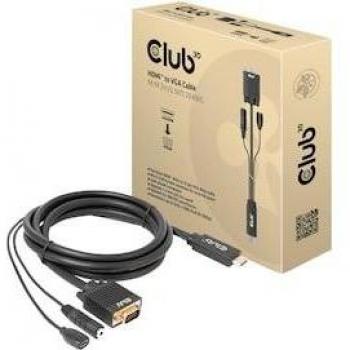 Adaptador de cable CLUB3D HDMI a VGA con 2 m de longitud, incluye salida VGA (D-Sub), audio de 3,5 mm y conexión Micro-USB, color negro