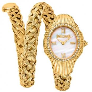 Just Cavalli Signature Snake Twined Women's Watch - JC1L305M0025, Yellow Gold Bracelet, Antique White Mother of Pearl Dial