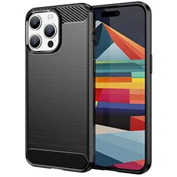 Funda para móvil iPhone 15 Pro Max Antigolpes Silicona Negra Diseño Fibra de Carbono Resistente Absorción de Choque Compatible Carga Inalámbrica