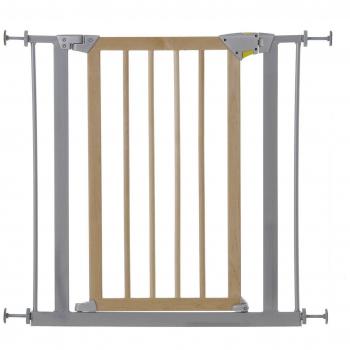 Hauck Deluxe Wood and Metal - Barrera de seguridad para puertas, 75-81 cm, fijación a presión, puerta giratoria, ajustable, con extensión hasta 10 9cm, madera plata