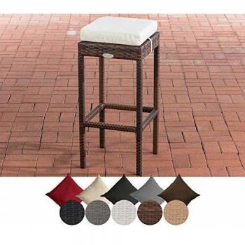 Taburete Outdoor Alia de Poliratán Marrón Moteado Crema con Cojín de Tela Blanco Beige y Reposapiés