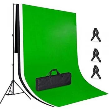 Sistema di Soporte Fondo Fotografico, 2x3m Fondo Blanco Negro Verde, con Soporte Ajustable 3x2m, 3 Abrazaderas y Bolsa de Transporte para Estudio Fotográfico e Iluminación, Video y Fotografía
