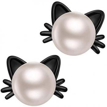 Pendientes Gato Perla Mujer Plata de Ley 925 Blancas Pendientes Perla para Mujer Niña