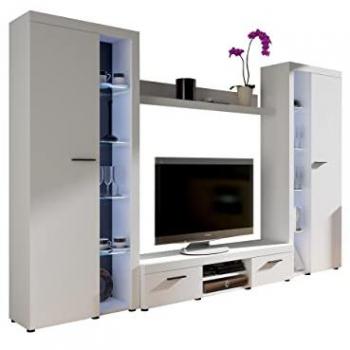 Conjunto de salón Tucson 107, Blanco, Aglomerado Laminado y Vidrio, con Mesa de TV y LED, 190x300x41cm
