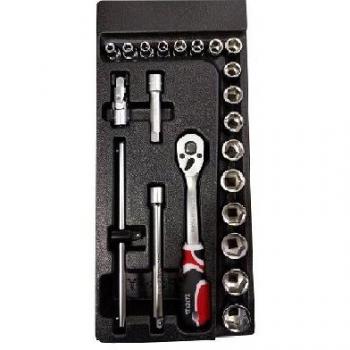 Yato YT-5542 - Bandeja de plástico con toma fija, set de herramientas 3/8 con 22 elementos, incluye llaves y accesorios de 22mm
