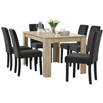 Set de Comedor Kramfors Mesa Rústica con 6 Sillas Tapizadas en Gris Oscuro - 140 x 90 cm
