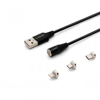 Savio CL-155 Cable USB 2m Negro con Conectores USB Tipo C, Micro USB y Lightning