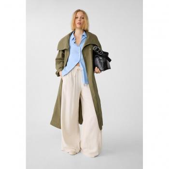Stone Wide-Leg Linen Blend Trousers with Elastic Waistband S