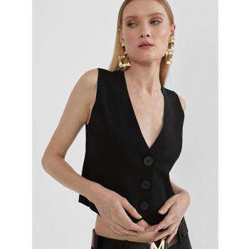 Chaleco de Punto Negro con Botones y Detalle de Tejido en Cuello
