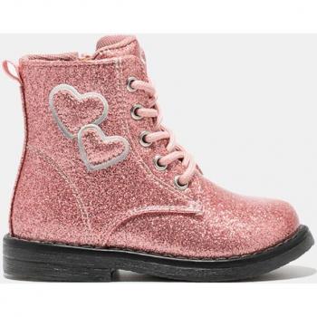 Botas de bebé niña tipo militar con detalles glitter y dibujo de corazones