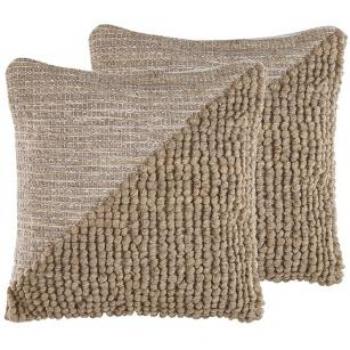 Conjunto de 2 cojines decorativos 45 x 45 cm beige de lana y algodón con relleno de poliéster