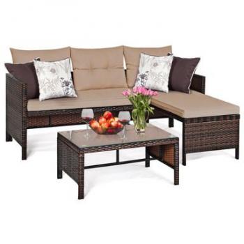 Rattan Outdoor 3-Piece Chaise Sofa Set with Table