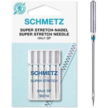 Agujas SCHMETZ para máquinas de coser | 5 Agujas Super Stretch | HAx1 SP | Grosor de aguja 90/14 | para trabajos de costura con materiales elásticos y con hilo de coser grueso