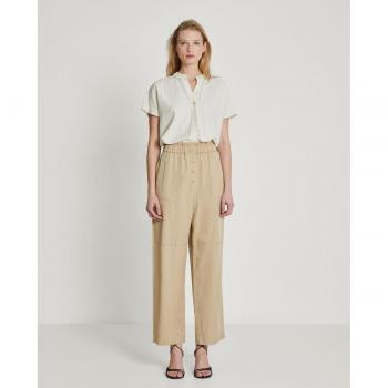 Pantalón cuelto de tiro alto para mujer con fruncido en cintura, falsos bolsillos centrales y bajo crop