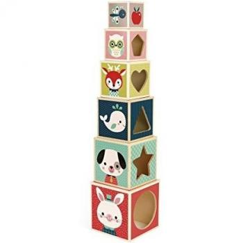 Janod - Baby Forest - Pirámide de 6 Cubos de Madera, Juguete Educativo Apilable y de Construcción, Desarrollo de La Motricidad Fina y de La Manipulación - Desde 1 Año, J08016