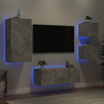 Mueble TV pared con LED 5 piezas madera ingeniería gris hormigón