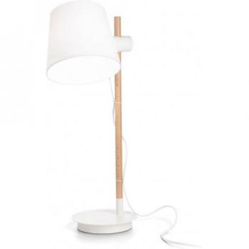Lámpara de mesa Axel Wood, tela blanca, 1 bombilla, altura 66 cm, pantalla cónica redonda