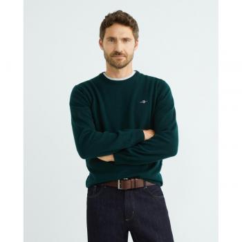 Suéter de Hombre Gant de Lana Superfina Verde Tartan con Cuello Redondo - XL