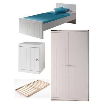Conjunto de habitación infantil ROBIN: Litera simple 90x200 cm, somier, mesita de noche y armario de 2 puertas en blanco laqueado