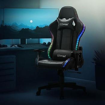 Silla Gaming Ergonomica con LED RGB y Altavoces Bluetooth, Negro, Similicuir