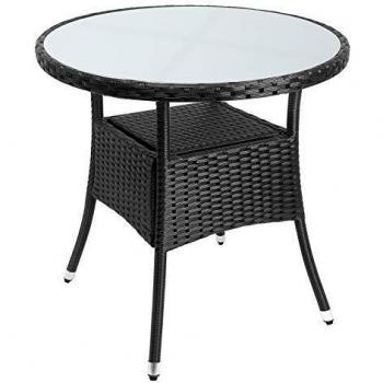 Mesa de Jardín Redonda de Polyrattan Negra Ø80cm con Superficie de Vidrio Templado