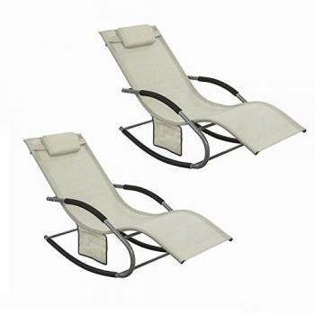 Set de 2 Tumbonas Mecedoras Ergonómicas con Reposapiés para Jardín, Beige, OGS28-MIx2