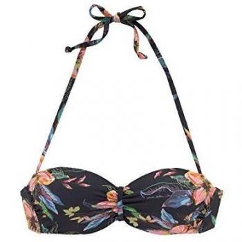 Top de bikini bandeau con aros Lascana Malia, mujer, talla 42, copa C, color gris antracita con estampado floral tropical