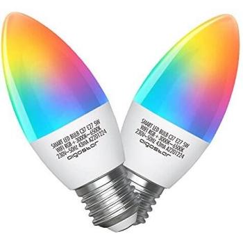 Aigostar Bombilla LED inteligente WiFi vela C37, 5W, E27 rosca gorda, RGB + CCT. Regulable multicolor + luz cálida o blanca 3000 a 6500K. Compatible Alexa y Google Home. Pack 2 uds