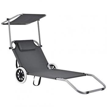 Tumbona Plegable con Ruedas y Parasol - 146 x 52 x 15 cm - Gris Oscuro