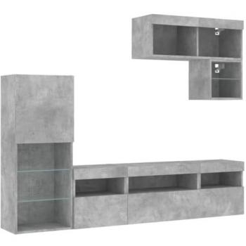 Muebles de TV de Pared con LED 6 pzas, Soportes de Televisión, Armarios Colgantes, Muebles Flotantes, Madera de Ingeniería Gris Hormigón