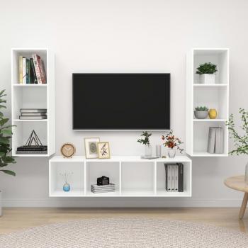 vidaXL Juego de muebles de salón 3 piezas madera ingeniería y aglomerado blanco, incluye Mueble TV, Mesa de TV, Mueble Televisor