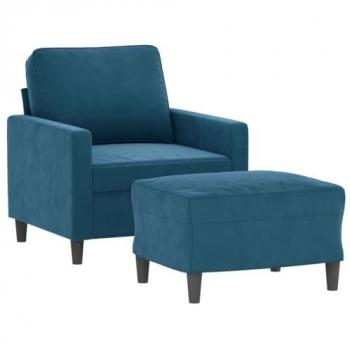Sillón con Taburete de Terciopelo Azul 60 cm, Silla con Respaldo y Reposabrazos, Sofá de Relax para Descanso en Televisión, Asiento Ideal para Salón Hogar