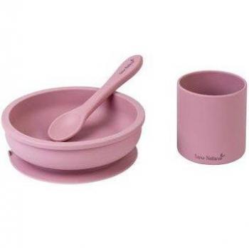 Set de Alimentación Party con Babero, Cuchara, Plato Separador y Bol de Silicona Libre de BPA en Color Rosa para Bebés - Saro 1 unidad