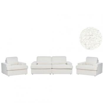 Conjunto de Sofá Clásico 5 Plazas Bouclé Blanco con Sillón y Respaldo Acolchado Grueso