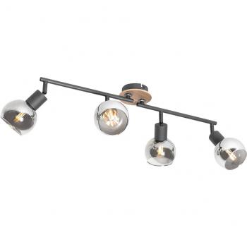 Plafón moderno negro con cristal ahumado y madera, 4 luces, adecuado para LED