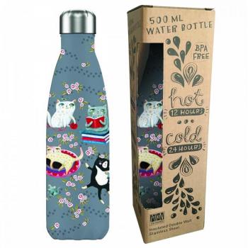 Botella Isotérmica Enesco Black Crazy Cats - Botella de acero inoxidable, capacidad de 500 ml, diseño exclusivo con estampado de gatos locos en color negro, mantiene las bebidas frías hasta 24 horas y calientes hasta