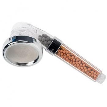 Mango de ducha iónica con esferas minerales tres funciones modelo relax, incluye esferas de minerales rojos y grises, 3 funciones: lluvia, chorro y masaje, fabricado en acero inoxidable y ABS