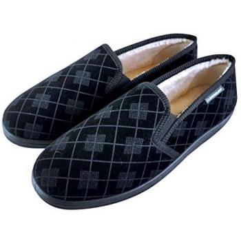 Dunlop Men's Black Plush Fur Lined Memory Foam Moccasin Slippers with Hard Sole - Size 9 UK