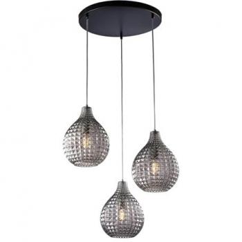 Lámpara de Suspensión Moderna 3 Luces Diamante en Hierro Negro y Vidrio Soplado Gris Espejado