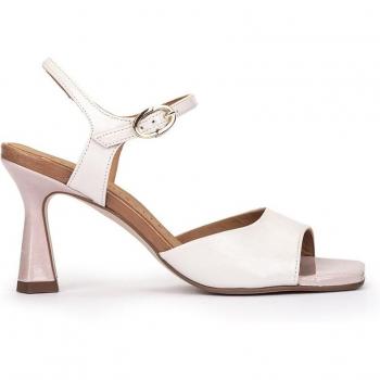 Pedro Miralles - Sandalias de mujer bicolor de tacón fabricadas en charol modelo ALAYOR en tonos Blancos. Hecho a mano en España