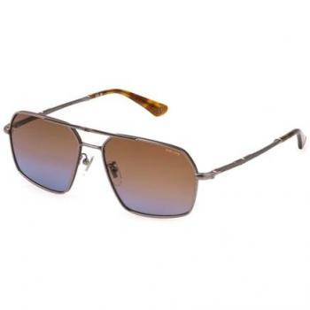 Police Men's Sunglasses SPLL86 - Shiny Ruthenium with Brown Parts, Brown Gradient Blue Lenses, Size 58MM